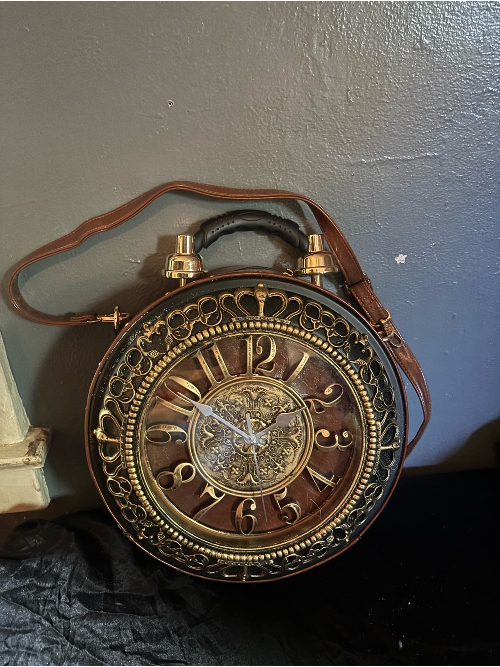 Vintage-Inspired Round Brown Leather Clock Satchel